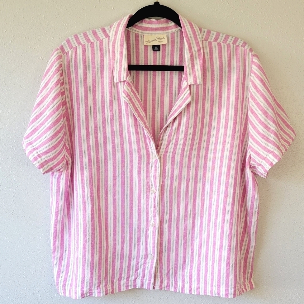 UNIVERSAL THREAD Pink Stripe Linen Button Down Top Lightweight Coastal Boho XXL